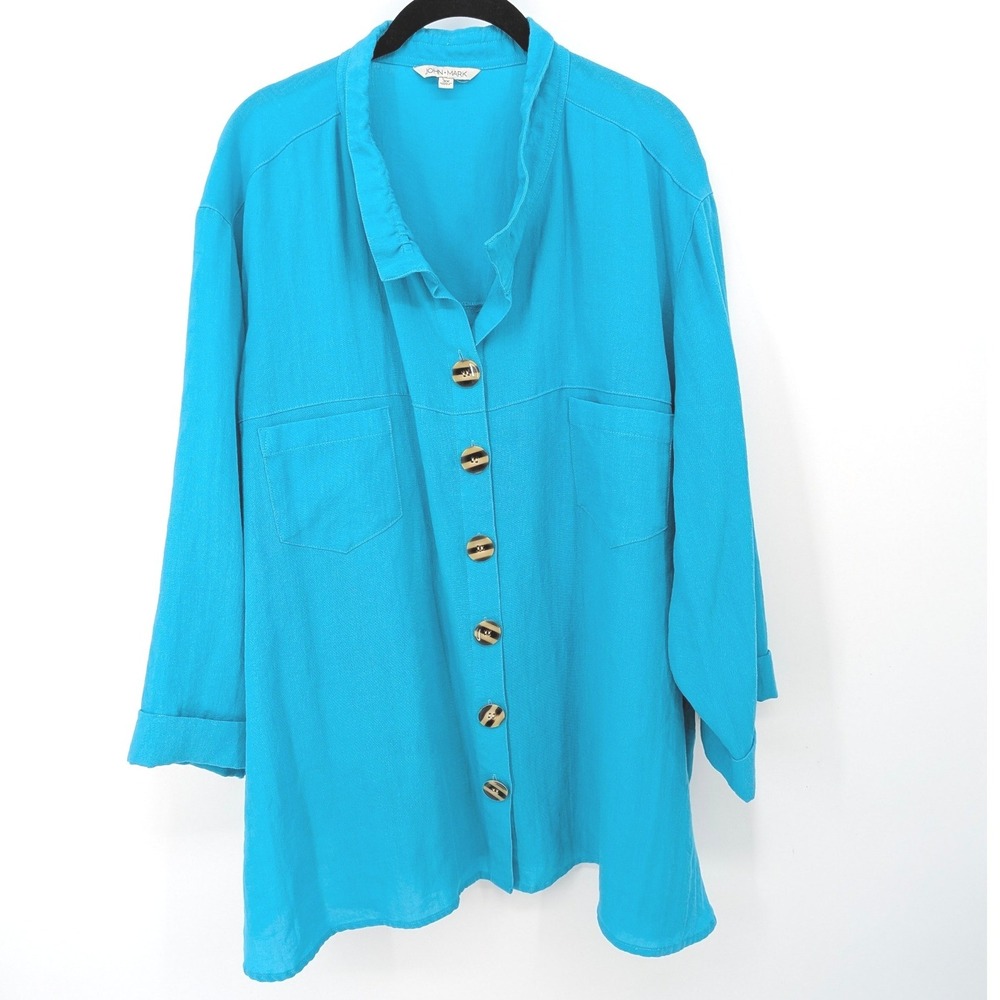John Mark Button Front Shirt Womens Plus 3X Blue Rayon Blend Oversized Artsy Top
